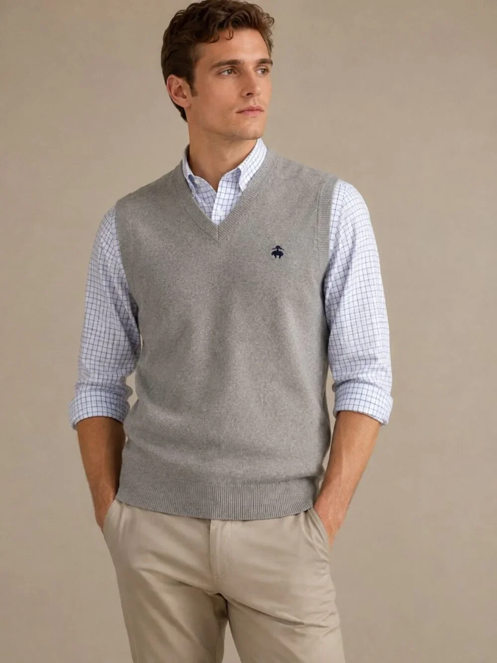 Brooks Brothers Supima Cotton Sweater Vest Gray V-Neck Logo Men's XXL